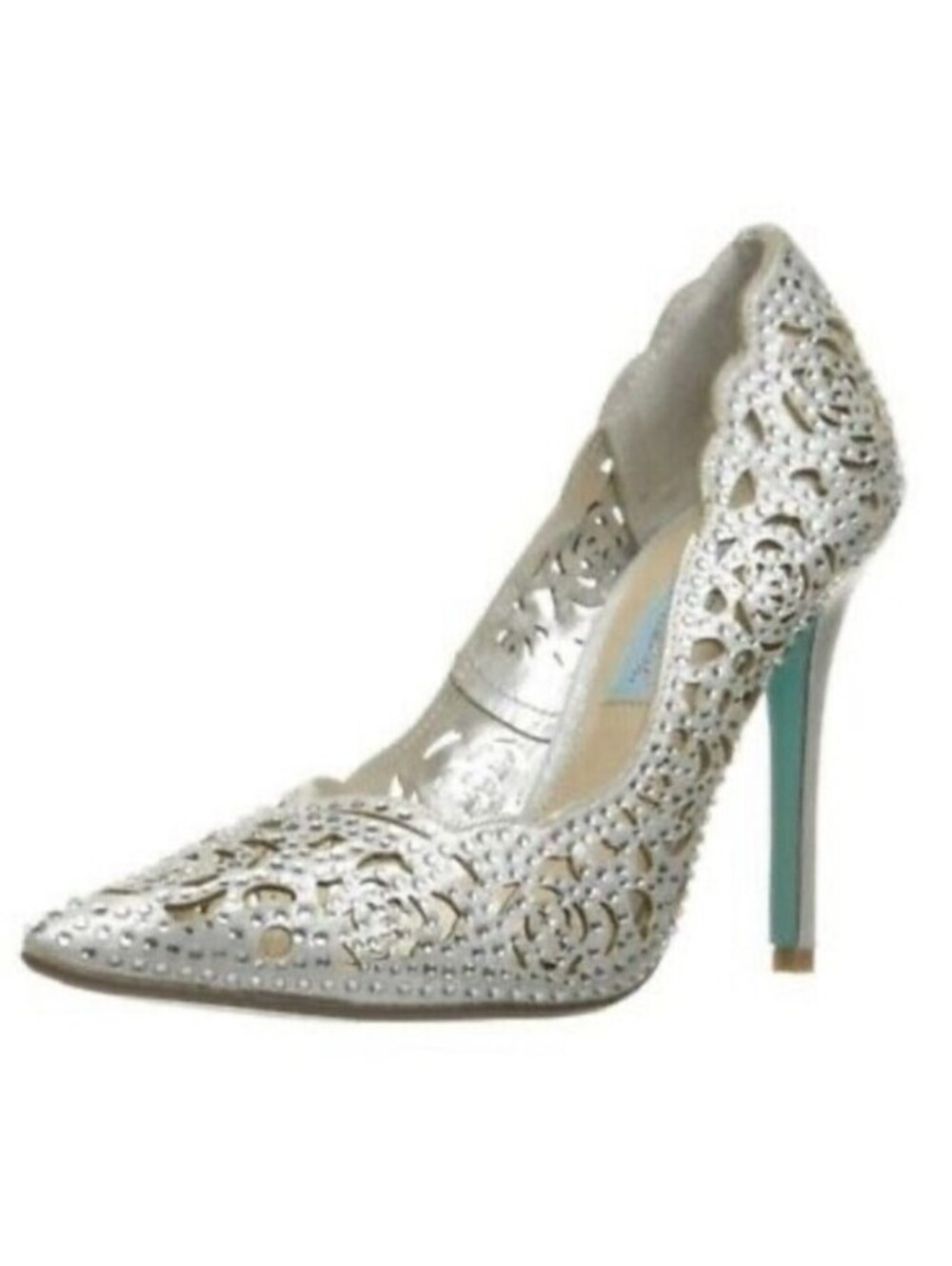 BLUE BY BETSEY JOHNSON CRYSTAL ENCRUSTED POINTY TOE ELSA WEDDING PUMPS BLUE SOLE